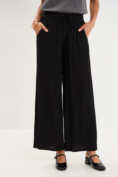 Pantalon effet cr&ecirc;pe taille &eacute;lastiqu&eacute;e noir femme
