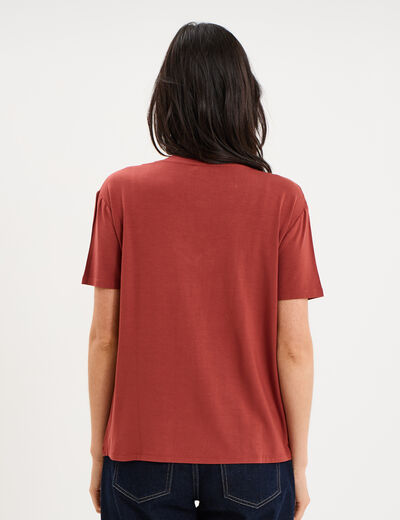 T-shirt fluide col en V manches courtes rouge fonc&eacute; femme