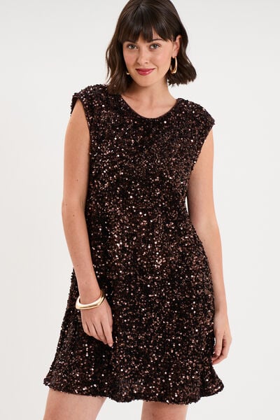 Robe courte &agrave; sequins sans manches marron fonc&eacute; femme