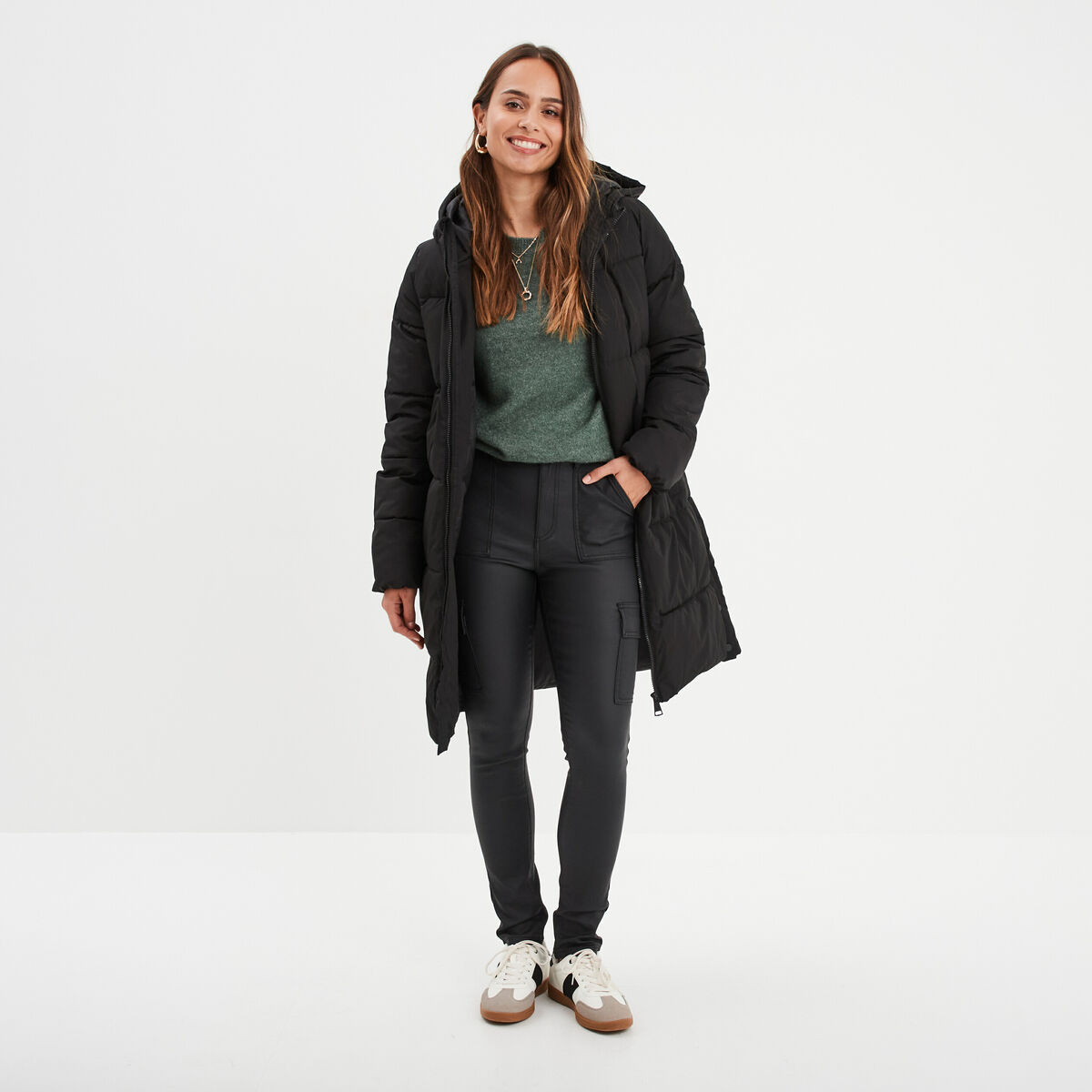 Doudoune longue à capuche noir femme