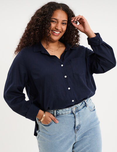 Chemise oversize lin m&eacute;lang&eacute; bleu fonc&eacute; femme grande taille