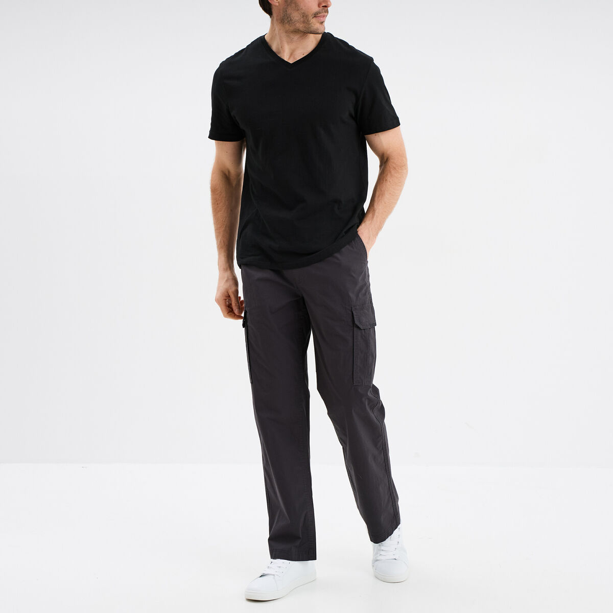 Pantalon cargo slim coton gris fonc&eacute; homme