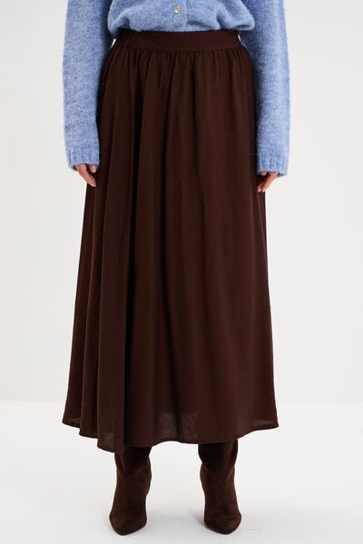 Jupe midi &eacute;vas&eacute;e taille &eacute;lastiqu&eacute;e marron fonc&eacute; femme