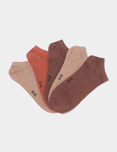 Lot 5 paires chaussettes c&ocirc;tel&eacute;es marron fonc&eacute; femme