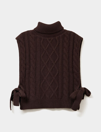 Pull gilet noeuds col roulé sans manches marron foncé femme