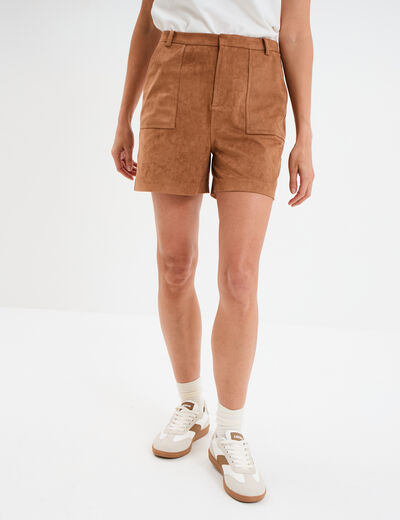 Short effet su&eacute;dine droit taille haute marron clair femme