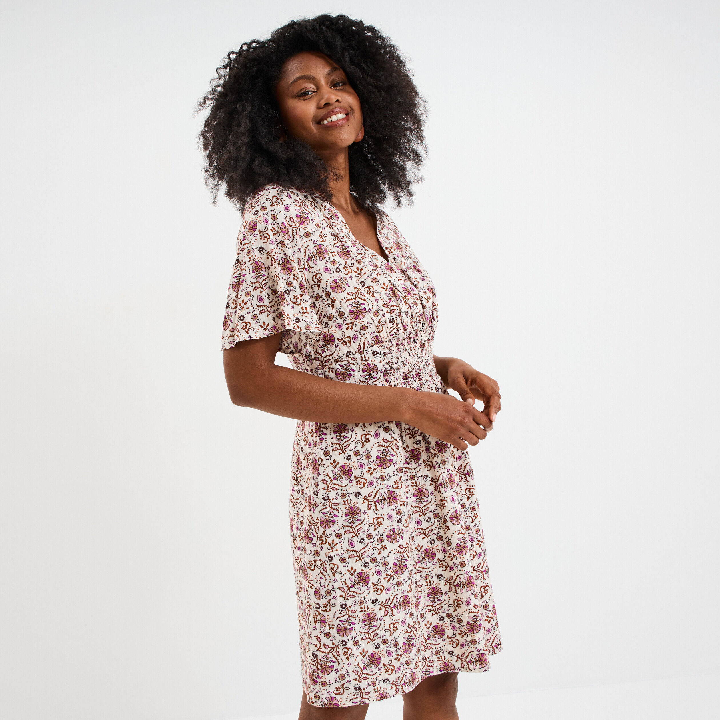 Robe col en V taille smockée Creeks blanc femme CREEKS