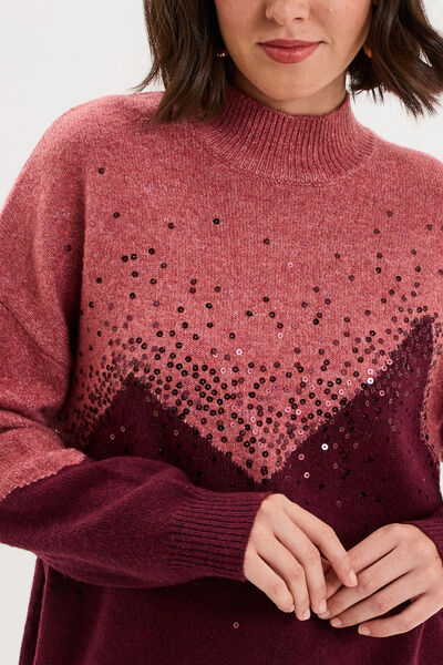 Pull col montant &agrave; sequins oversize bordeaux femme