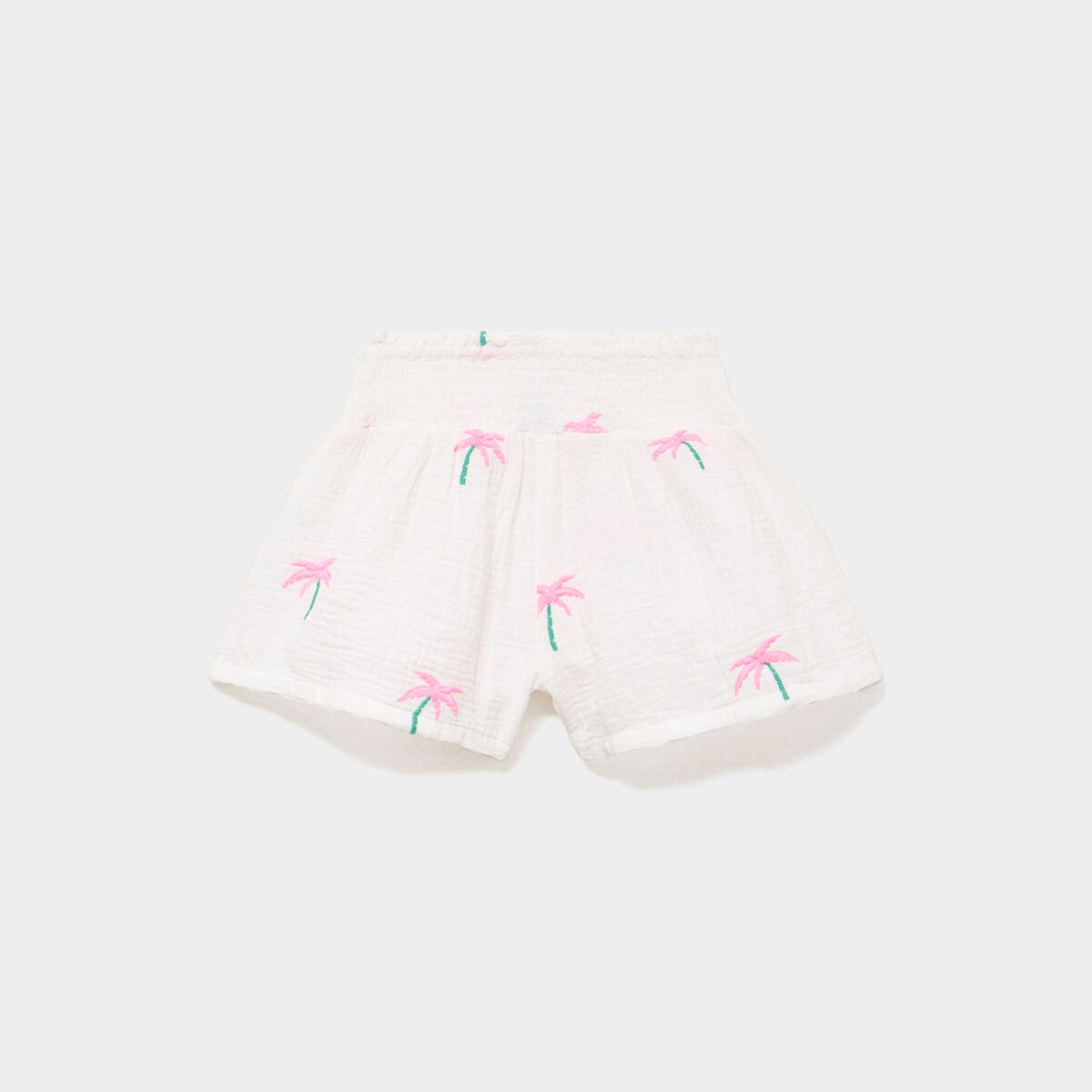 Short brod&eacute; taille smock&eacute;e gaze de coton ecru fille