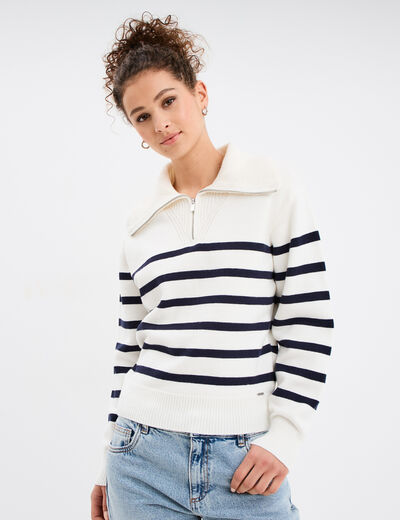 Pull col camionneur zippé Creeks ecru femme