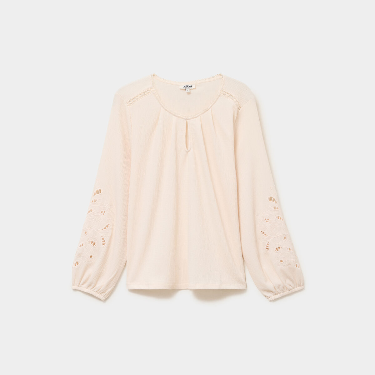 Blouse manches brod&eacute;es ajour&eacute;es coton beige femme