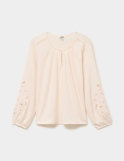 Blouse manches brod&eacute;es ajour&eacute;es coton beige femme