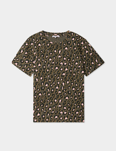 T-shirt coton col rond manches courtes vert kaki femme