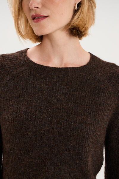 Pull col rond manches longues marron fonc&eacute; femme
