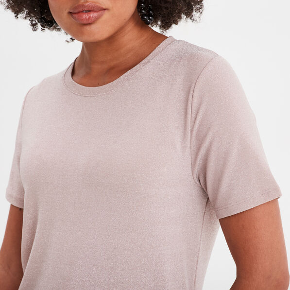 T-shirt manches courtes fils métallisés rose clair femme
