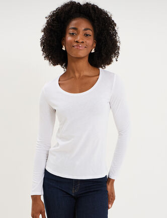 T-shirt coton col rond manches longues blanc femme