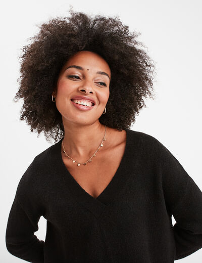 Pull droit ample col V fentes aux côtés noir femme