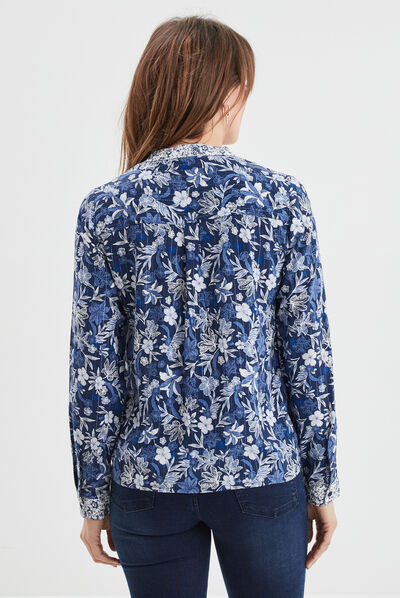 Chemise col cordons à pampilles bleu marine femme