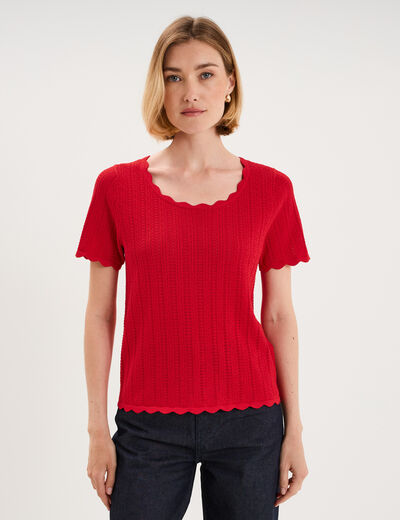 Pull ajour&eacute; col rond manches courtes rouge femme