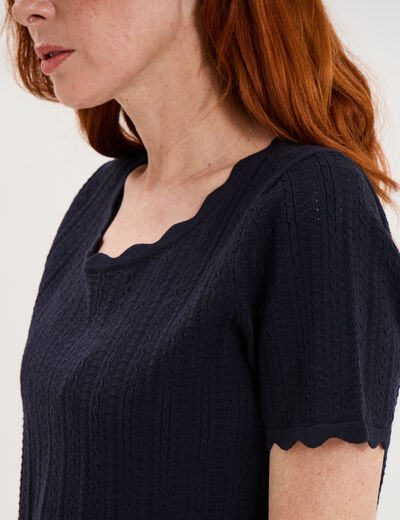 Pull col rond textur&eacute; manches courtes bleu fonc&eacute; femme
