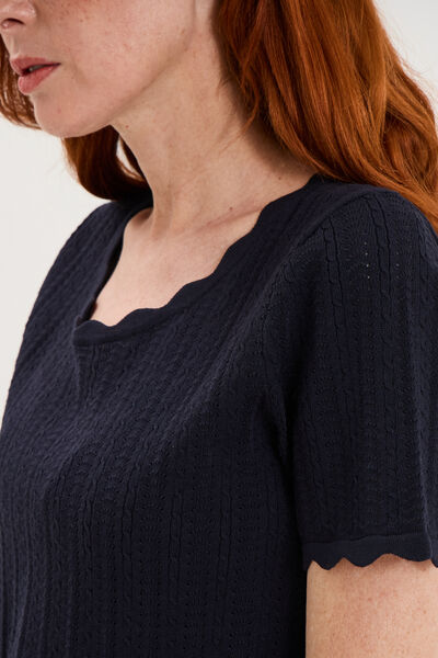 Pull col rond textur&eacute; manches courtes bleu fonc&eacute; femme