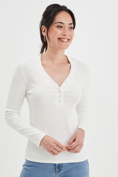 T-shirt côtelé col tunisien Creeks blanc femme