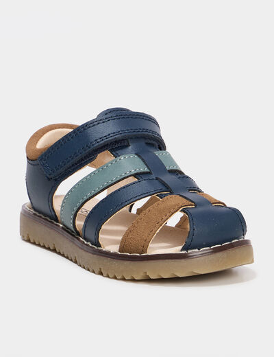 Sandales à scratchs en cuir bleu marine garçon