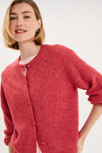Gilet cardigan col rond boutonn&eacute; rose cerise femme