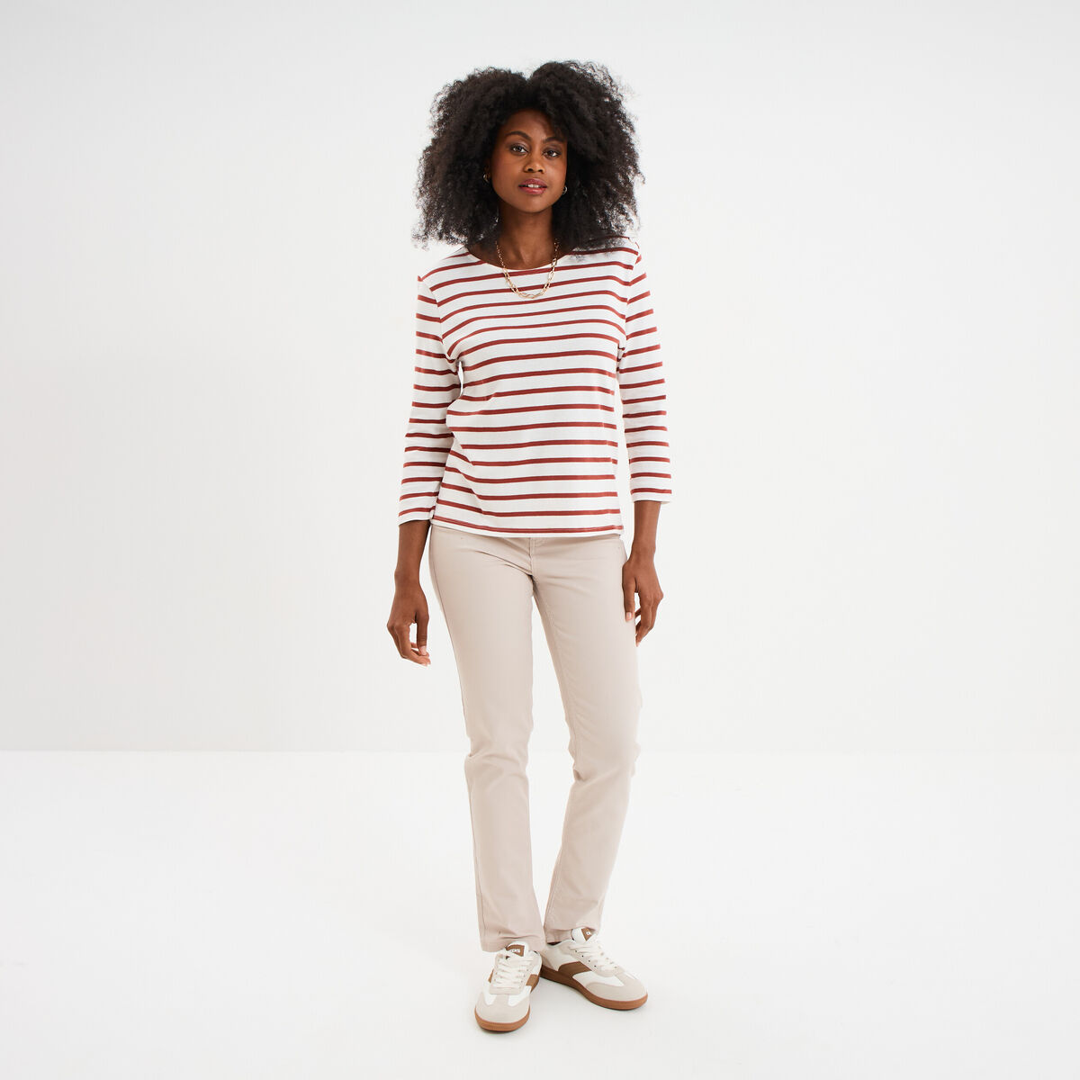 Pantalon slim en coton elasthanne beige femme