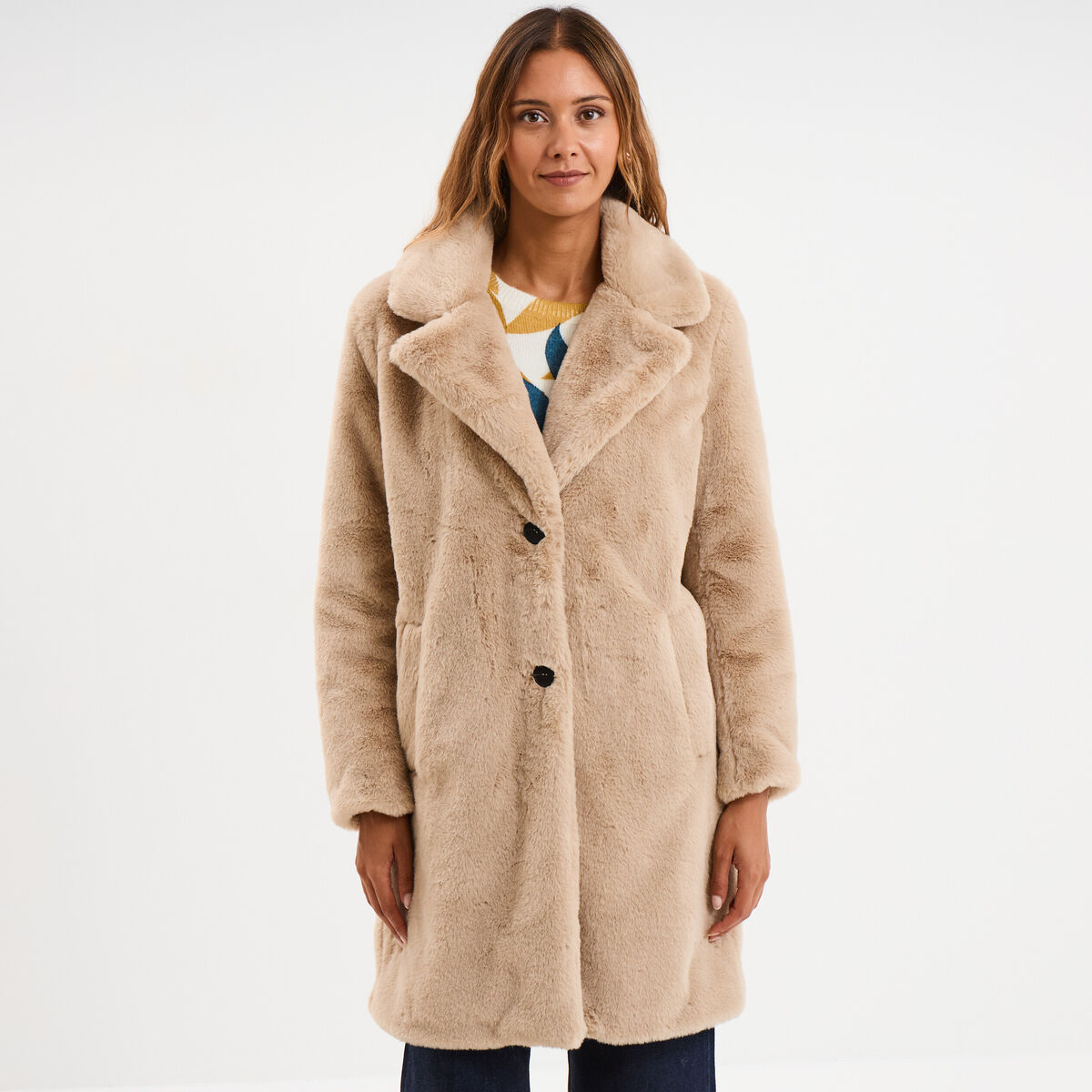 Manteau long fausse fourrure beige femme