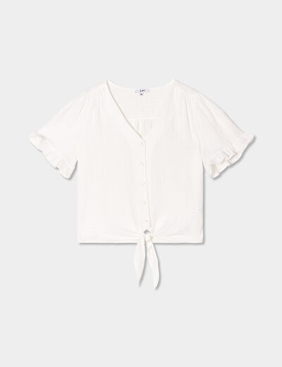 Blouse plumetis nouée manches courtes blanc femme