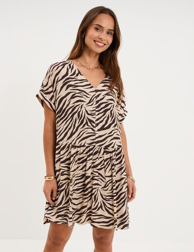 Robe courte fluide manches courtes beige clair femme