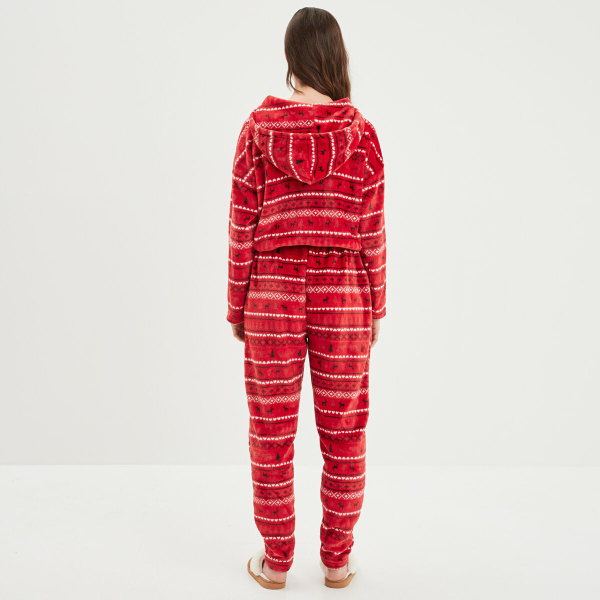 Combinaison pyjama pilou à capuche rouge femme