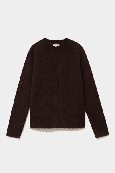 Gilet cardigan ajour&eacute; manches longues marron fonc&eacute; femme