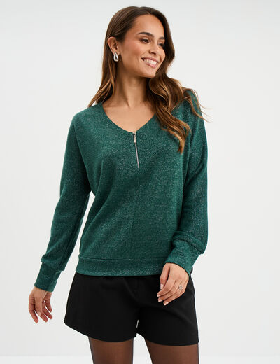 Pull chauve-souris col en V détail zippé vert foncé femme