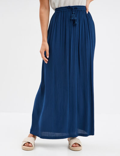 Jupe longue droite fluide bleu marine femme
