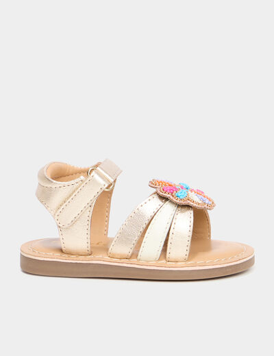 Sandales détails perles en cuir jaune or bébé fille