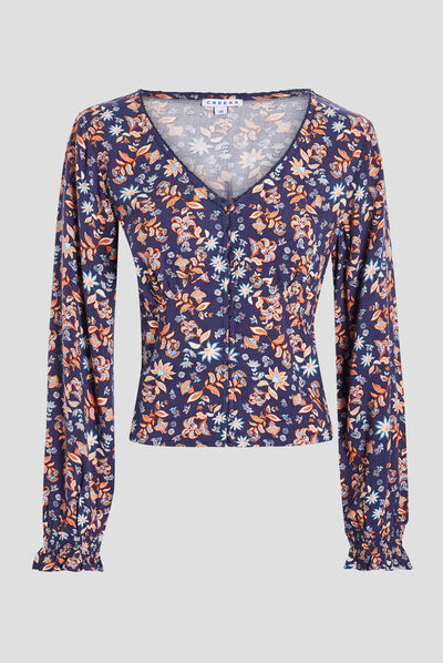 Chemise fleurie col V bleu marine femme
