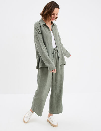 Chemise manches longues en gaze de coton vert kaki femme