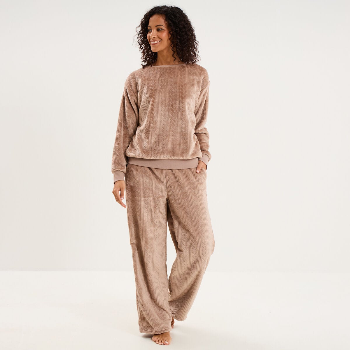 Pantalon effet polaire d&eacute;tails torsades beige femme
