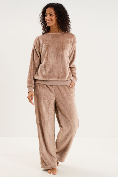 Pantalon effet polaire d&eacute;tails torsades beige femme