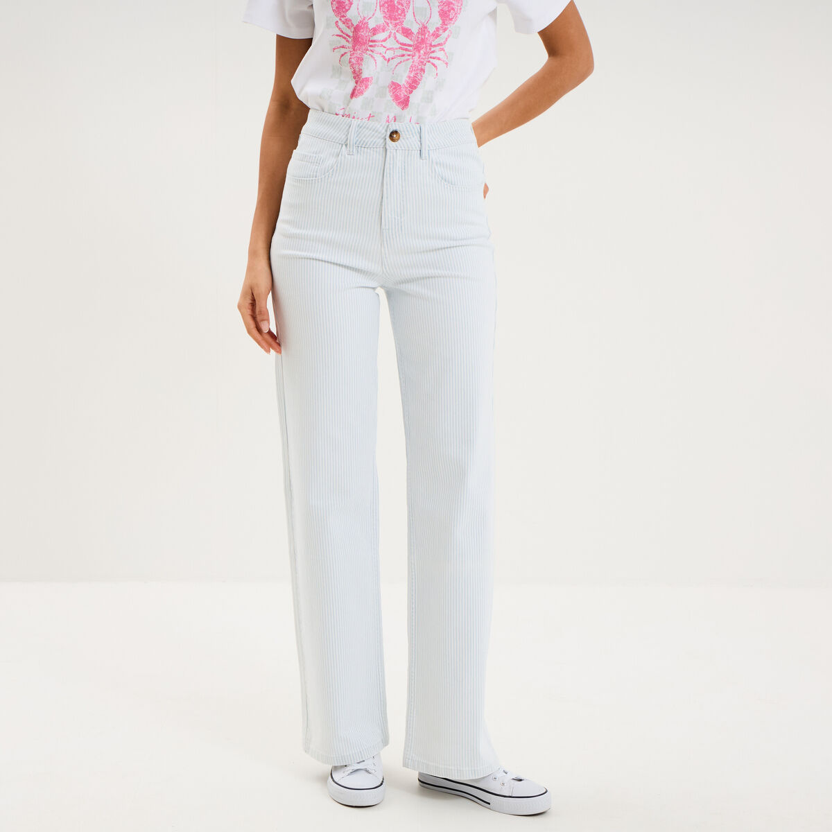 Jean droit taille haute coton blanc femme