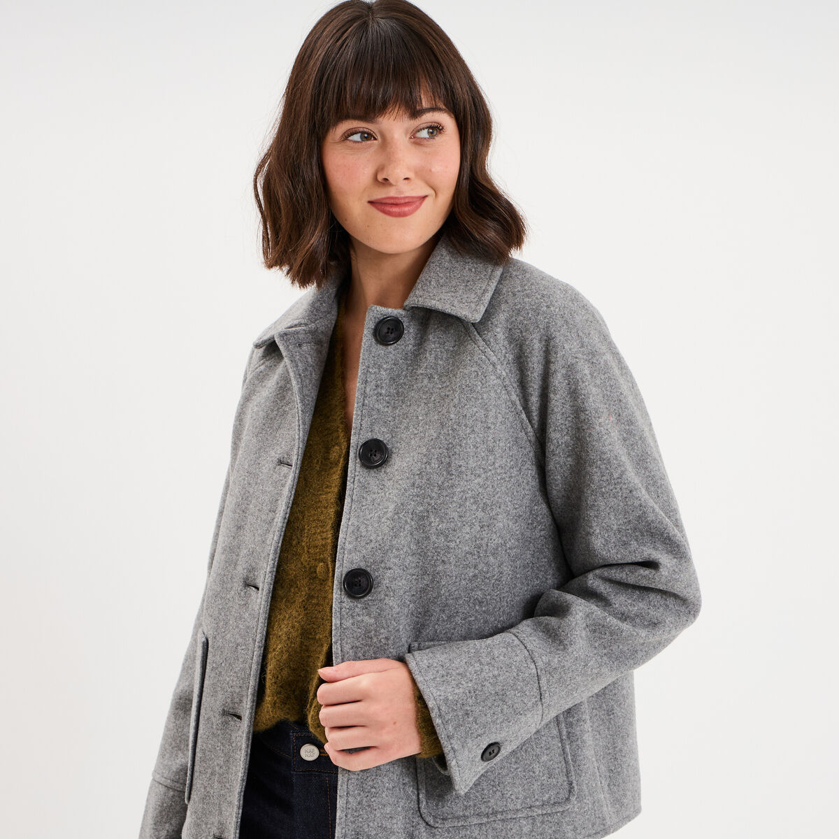Veste courte oversize boutonn&eacute;e gris femme
