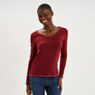 T-shirt manches longues col en V coton bordeaux femme