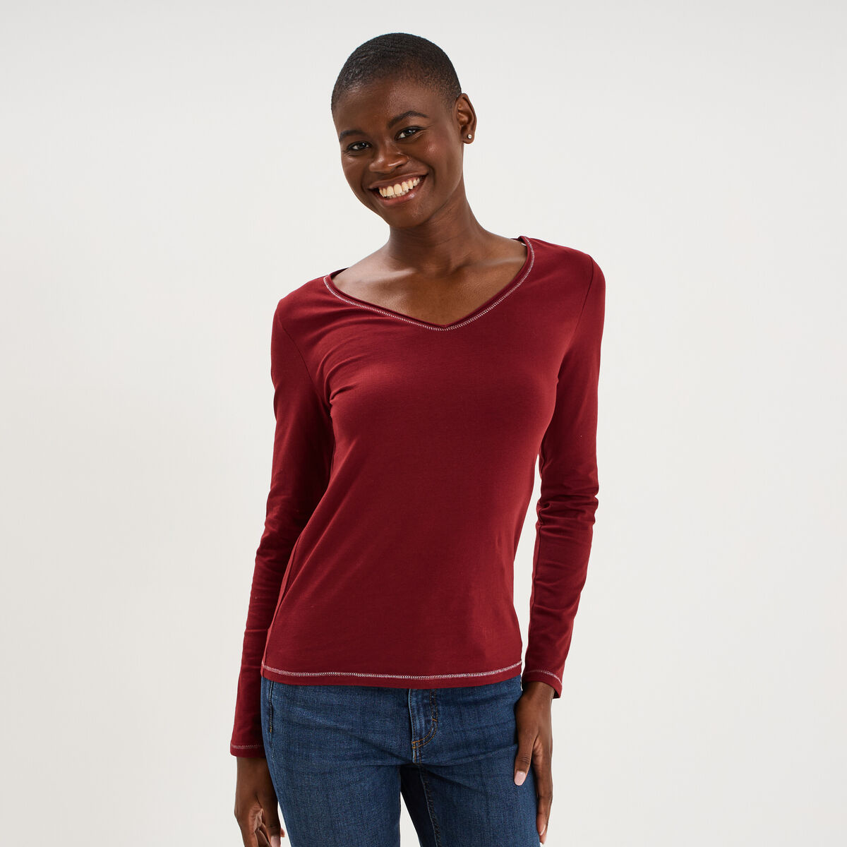 T-shirt manches longues col en V coton bordeaux femme