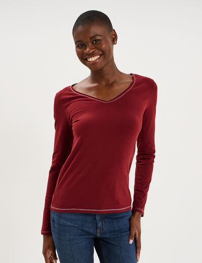 T-shirt manches longues col en V coton bordeaux femme