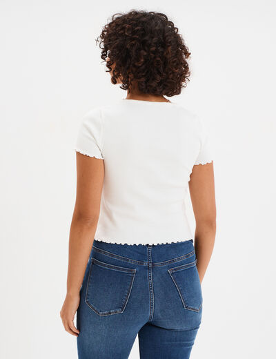 T-shirt court effet côtelé col en V ivoire femme