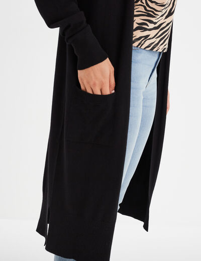Gilet long droit avec poches noir femme