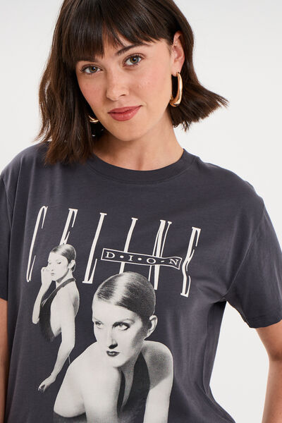 T-shirt droit coton C&eacute;line Dion gris fonc&eacute; femme