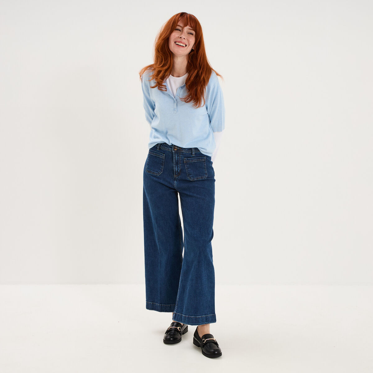 Pull col polo manches courtes bleu femme